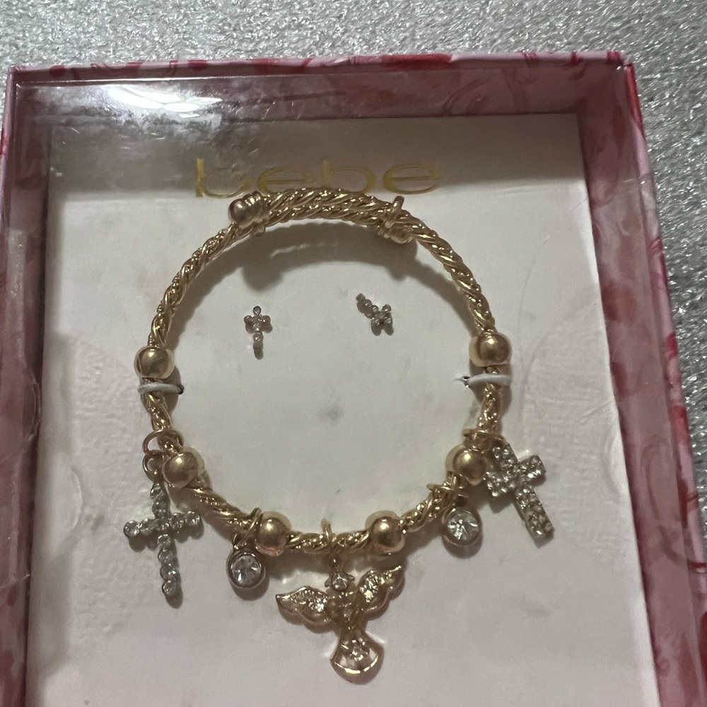 Bebe Gold Charm Bracelet with Heart and Key Charms